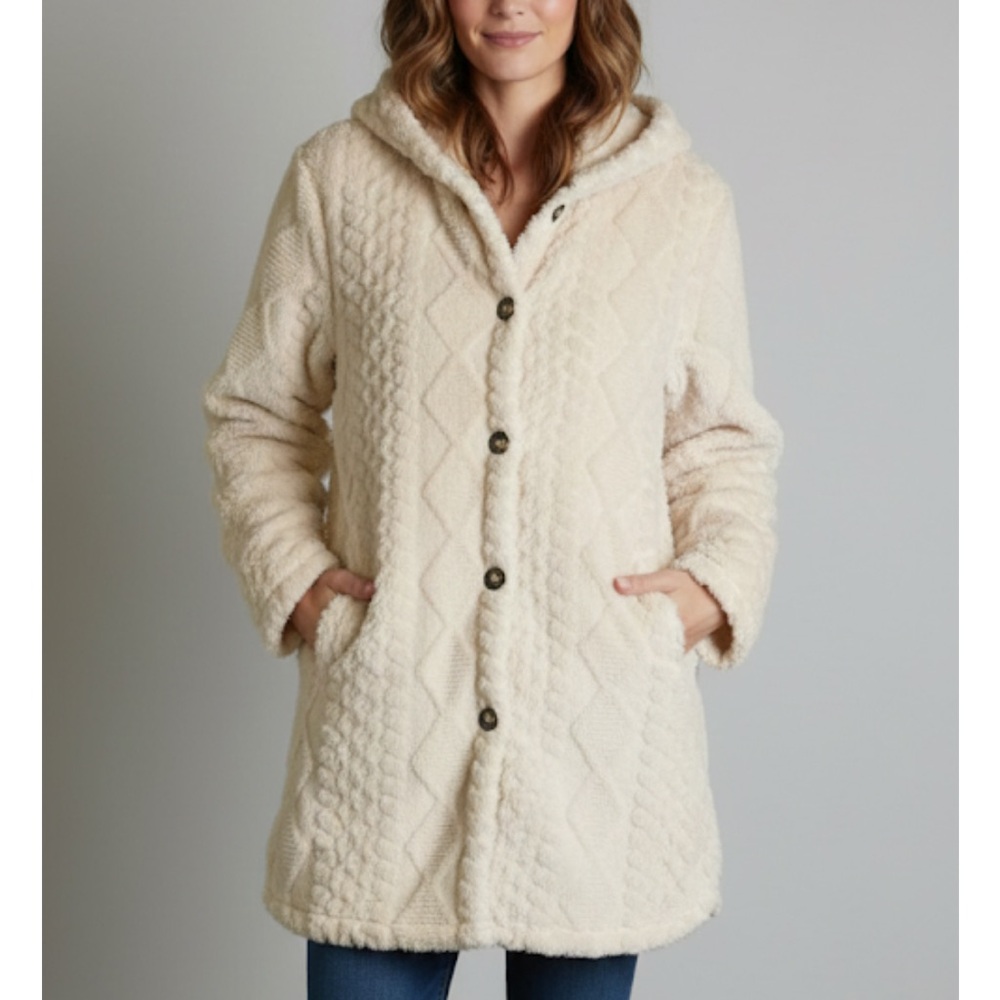 Cozy Hooded Button Up Polyester Fleece, Women’s Small, White/Cream